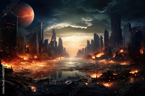 Fractal scene with city destroyed by fire. 3d rendering, what will happen to the world in the next year, AI Generated