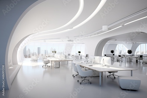 3d Illustration of a modern open space office with white walls  White open space office interior  AI Generated