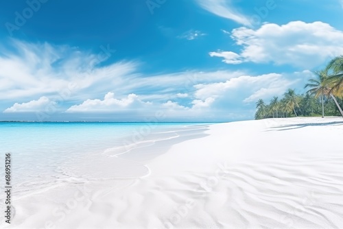tropical beach in Maldives with few palm trees and blue lagoon, White sand and coco palms travel tourism wide panorama background concept, AI Generated