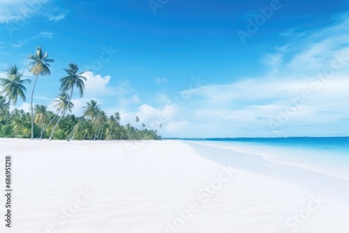 Beautiful tropical beach and sea with coconut palm tree Holiday Vacation concept, White sand and coco palms travel tourism wide panorama background concept, AI Generated