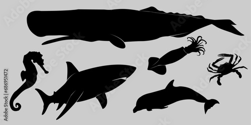 set of collections of black and white silhouettes of sea animals fish, sea life