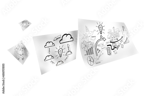 Digital png illustration of paper sheets with bulb and cloud symbols on transparent background