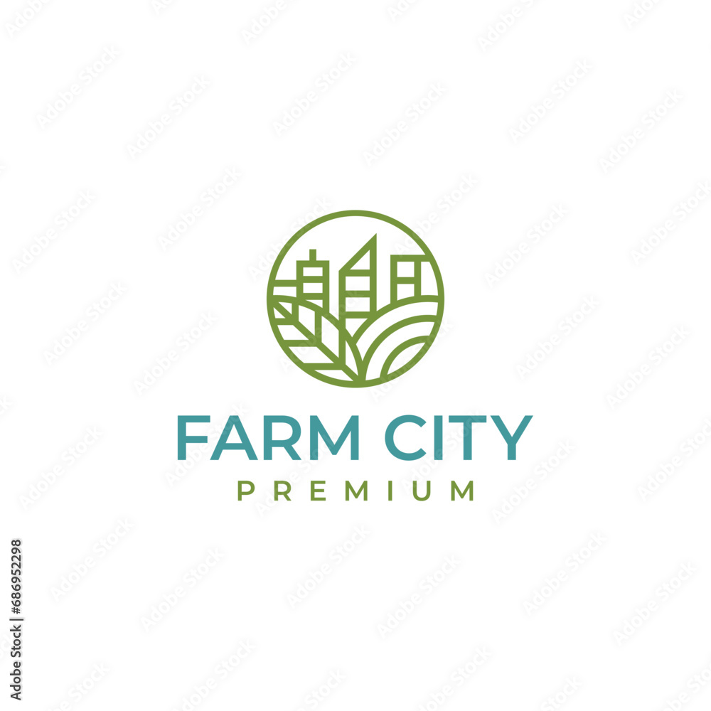 Farm city logo icon line art outline retro vintage design vector illustration template	