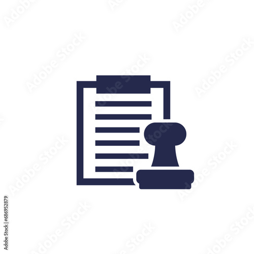 notary icon, stamp and document on white