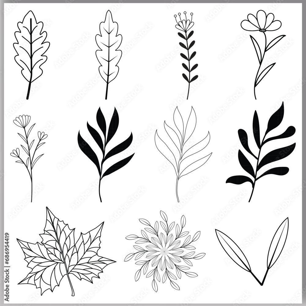 Set of botanical line art floral leaves plants hand drawn sketch branches isolated on white vector Set of botanical line art floral leaves plants hand drawn sketch branches isolated on white vector