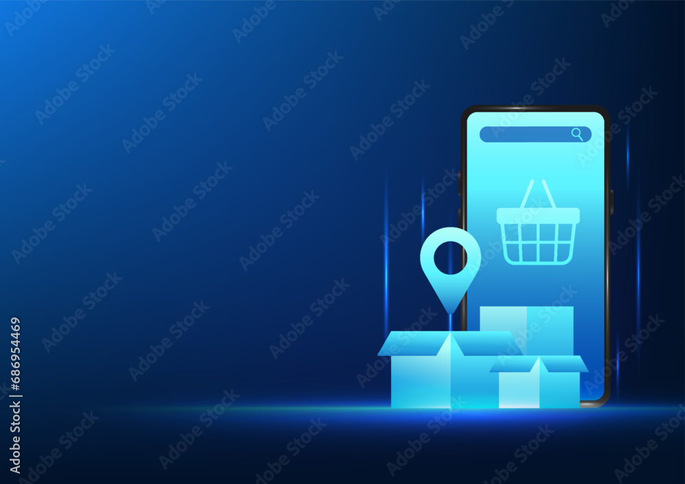 E-commerce technology Mobile phone with a basket and box on the screen Showing the business of opening an online store. Let customers order products through the app and have the products delivered. E-commerce technology Mobile phone with a basket and box on the screen Showing the business of opening an online store. Let customers order products through the app and have the products delivered.