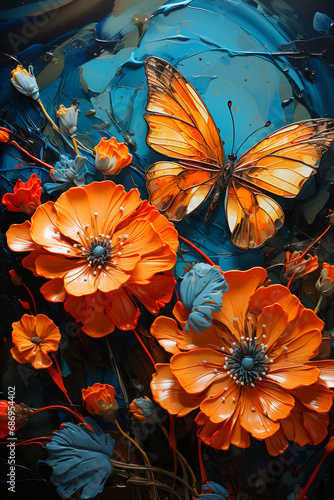 Flower with a butterfly in a post impressionist style ai generative