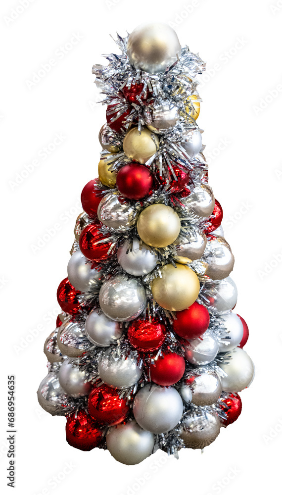 Decorative tabletop Christmas tree made out of glass ornament balls and tinsel garland, red, gold, and silver, isolated
Decorative tabletop Christmas tree made out of glass ornament balls and tinsel garland, red, gold, and silver, isolated
