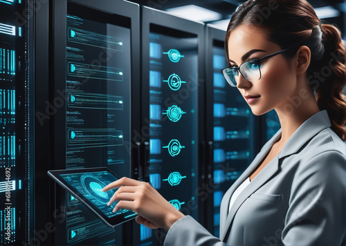 Internet network and cybersecurity of data center. Data engineer using biometrics technology in a server room to access data connecting with database