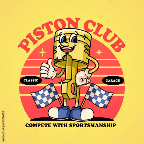 Retro Piston Engine mascot character with racing flag. Suitable for logos, mascots, t-shirts, stickers and posters