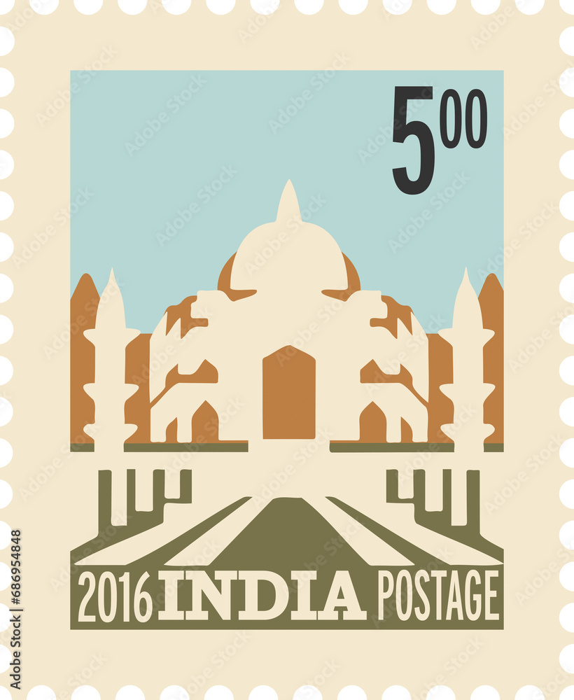 Naklejka premium Digital png illustration of beige postage stamp with india view on transparent background