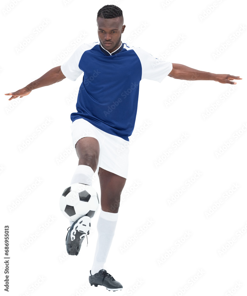 Fototapeta premium Digital png photo of african american male footballer with ball on transparent background