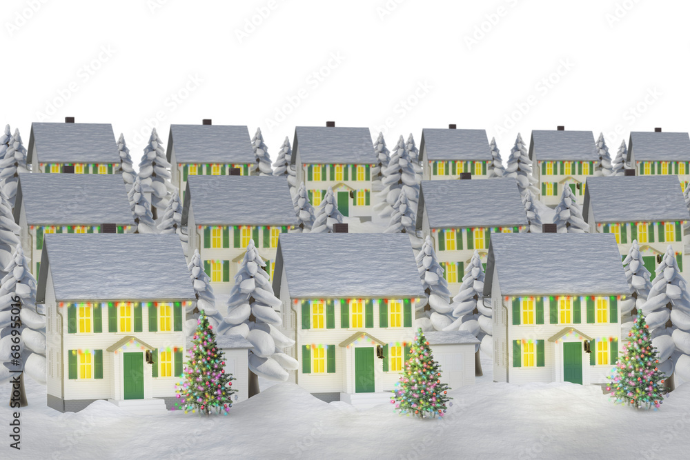 Obraz premium Digital png illustration of cottages with christmas lights in snow on transparent background