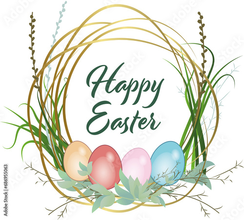Digital png illustration of easter eggs with happy easter text on transparent background