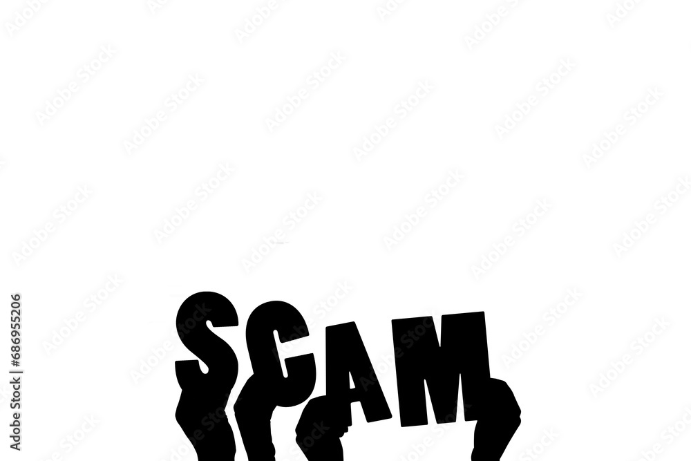 Obraz premium Digital png illustration of hands with scam text on transparent background