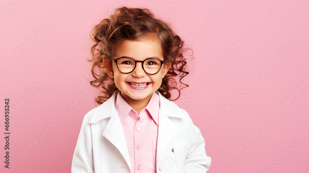 Candid photo of a cute child is dressed in a white coat, glasses, plays doctor, copy space