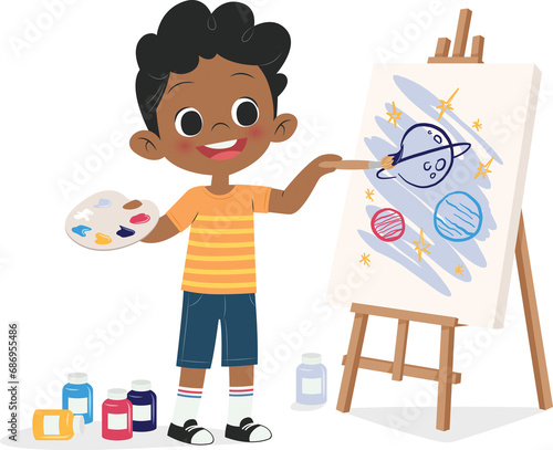 Digital png illustration of african american boy painting on transparent background