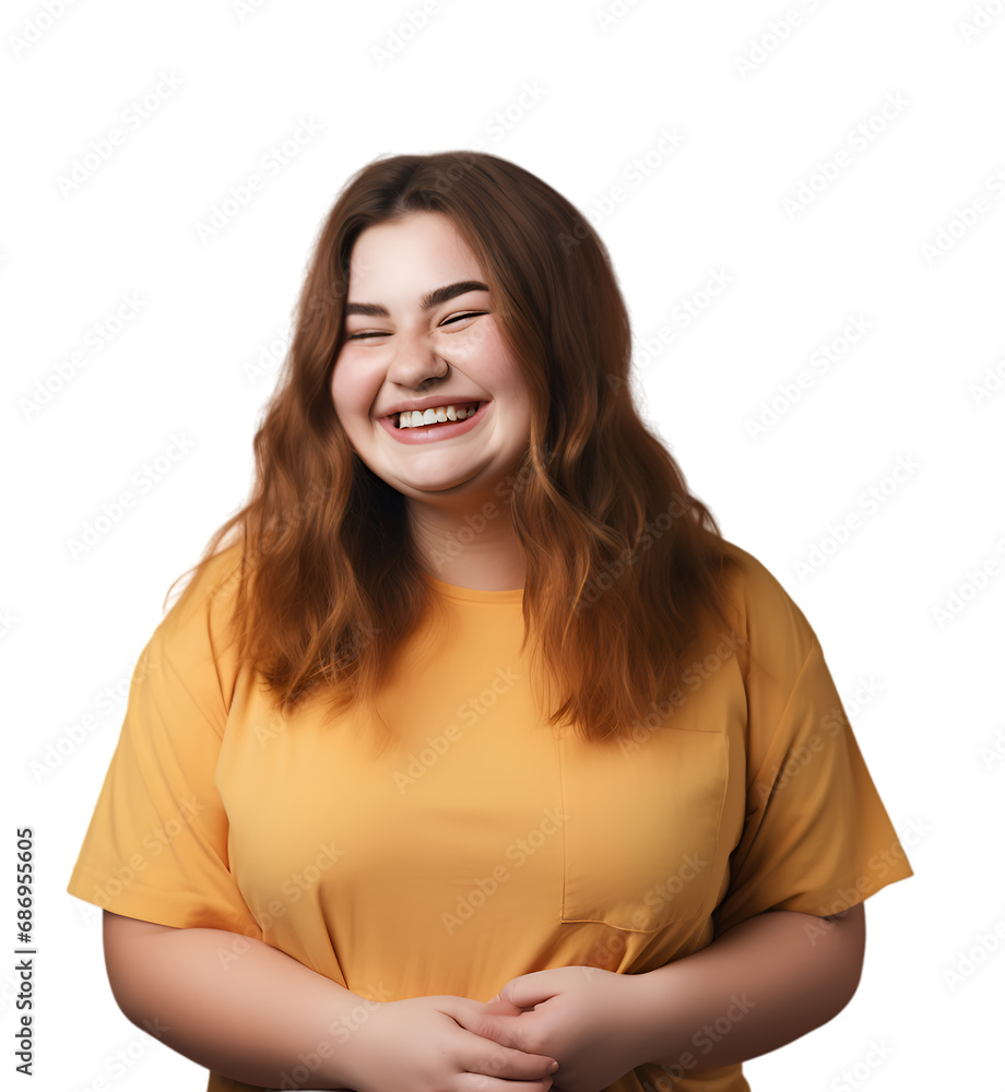 Cheerful young long haired plump girl in yellow sweatshirt smile confidently at camera while standing over transparent background. Cheerful young long haired plump girl in yellow sweatshirt smile confidently at camera while standing over transparent background.