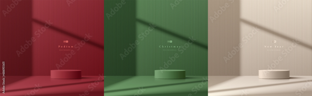 Set of 3D christmas background with red, cream, green realistic cylinder podium. Window natural lighting on the wall. Vector mockup product display. New year minimal wall scene. 3D Stage for showcase. - obrazy, fototapety, plakaty 