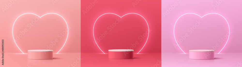Set of 3D podium valentine day background with pink, red, white cylinder pedestal. Glow neon heart shape backdrop. Vector geometric platform. Mockup product display. Minimal wall scene. Stage showcase - obrazy, fototapety, plakaty 