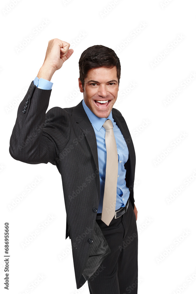 Fist pump, portrait and excited business man celebrate winner announcement, success news or achievement notification. Cheers, energy and professional agent isolated on transparent, png background Fist pump, portrait and excited business man celebrate winner announcement, success news or achievement notification. Cheers, energy and professional agent isolated on transparent, png background