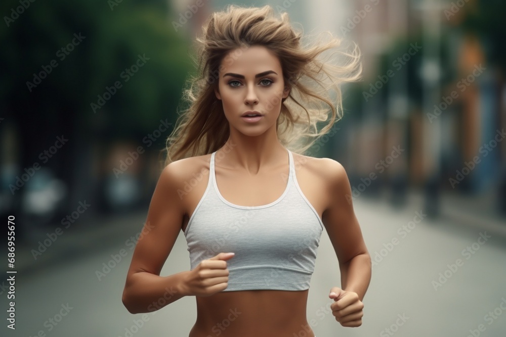 young woman jogging in the street. Weight loss concept, woman jogging, fitness concept, yoga concept, health concept