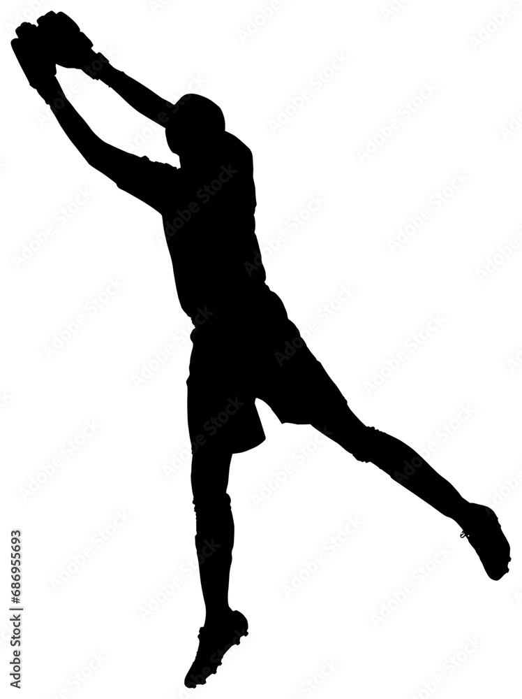 Digital png illustration of silhouette of male footballer jumping on transparent background