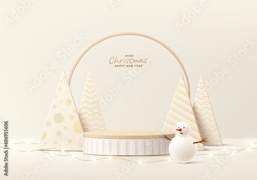 Abstract realistic 3D brown, gold cylinder podium with Luxury christmas tree, Snowman and neon ball. Merry christmas happy new year background product display presentation. Vector rendering platform.