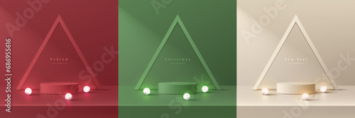 Set of 3D christmas podium background in red, cream and green with neon ball and triangle frame backdrop. Mockup product display. Mery christmas and new year minimal scene. Abstract composition design