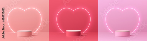 Set of 3D podium valentine day background with pink, red, white cylinder pedestal. Glow neon heart shape backdrop. Vector geometric platform. Mockup product display. Minimal wall scene. Stage showcase photo