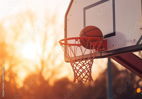 Basketball Hoop And Ball On Basketball Court At Sunset Sport Background © MdElias