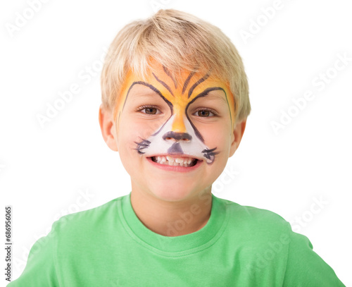 Digital png photo of happy caucasian boy with tiger painting on face on transparent background photo