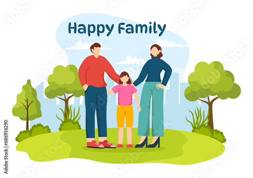 Happy Family Vector Illustration with Mom, Dad and Children Characters to Happiness and Love Celebration in Flat Kids Cartoon Background © denayune