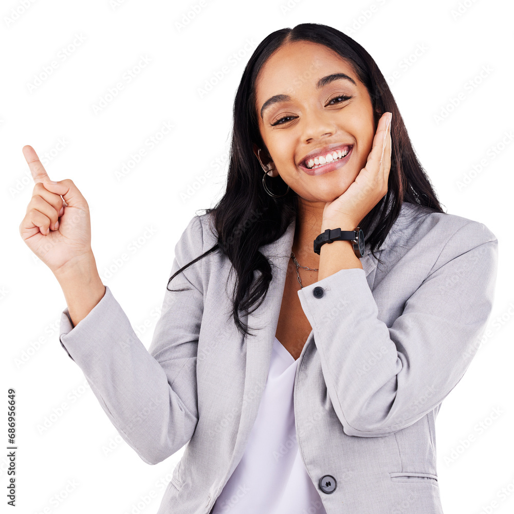 Advertising, woman portrait and pointing up for marketing, promotion and direction or sales announcement. Commercial, presentation and happy female person or isolated on transparent png background Advertising, woman portrait and pointing up for marketing, promotion and direction or sales announcement. Commercial, presentation and happy female person or isolated on transparent png background