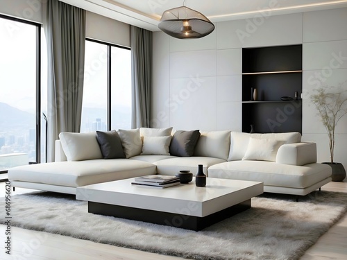 Modern aesthetic minimalist living room design, grey white black, architectural background