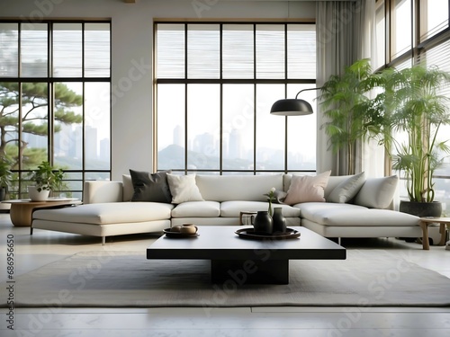 Modern aesthetic minimalist living room design, grey white black, architectural background © Karlo