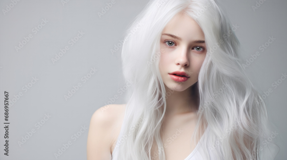 Studio portrait of a young female model with platinum blond hair and a flawless pale complexion. Hair care, skin care and cosmetics. 