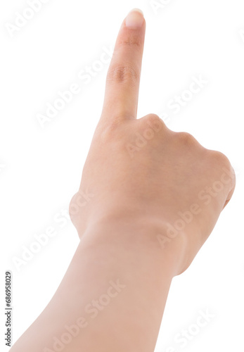 Digital png photo of hand of caucasian businesswoman pointing on transparent background
