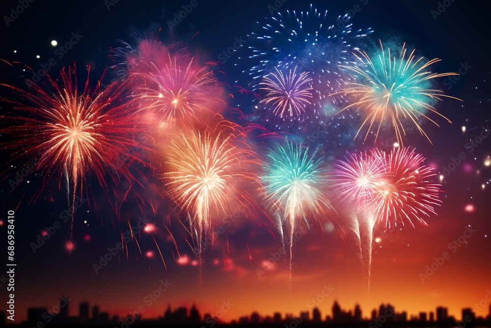 happy new year celebration realistic fireworks in sky background illustration 