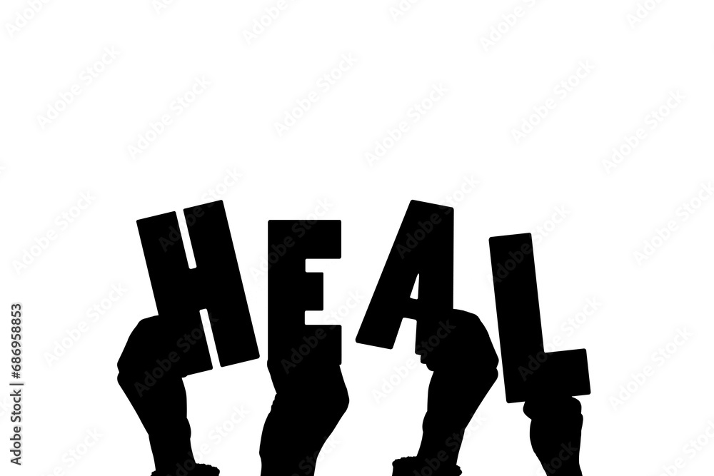 Digital png illustration of hands and heal text on transparent background Digital png illustration of hands and heal text on transparent background
