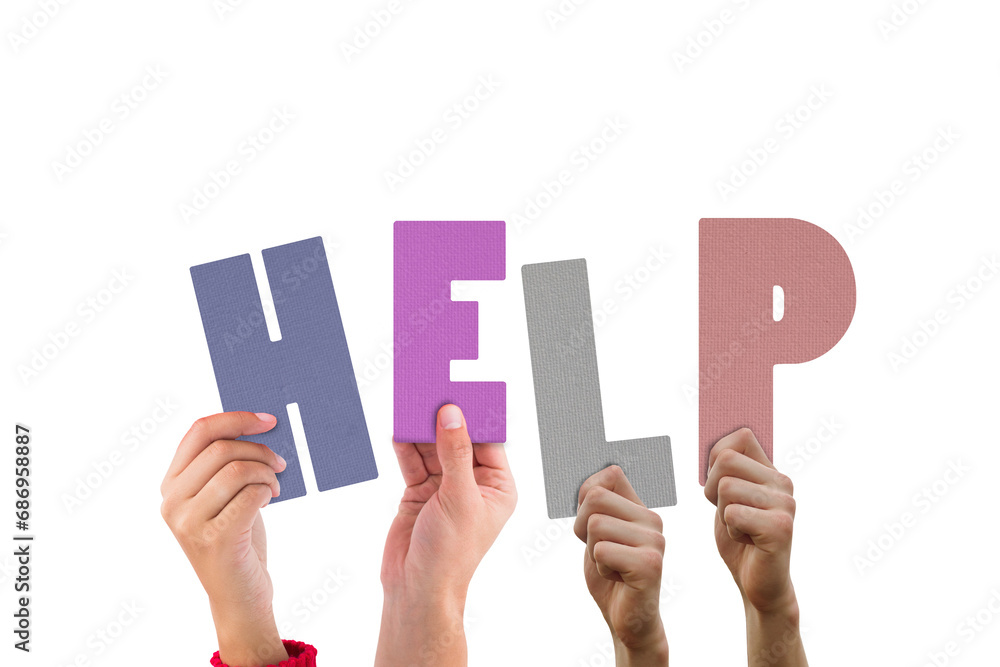 Digital png illustration of hands and help text on transparent background Digital png illustration of hands and help text on transparent background