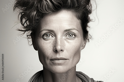 Portrait of a middle-aged woman emotion mood, face senior woman with short hair standing on a gray background and looking at camera