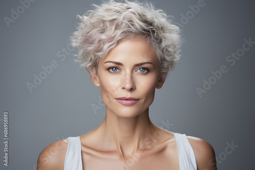 Female portrait, face of a stylish beautiful middle-aged woman with a clean skin and short hairstyle standing on a gray background and looking at camera