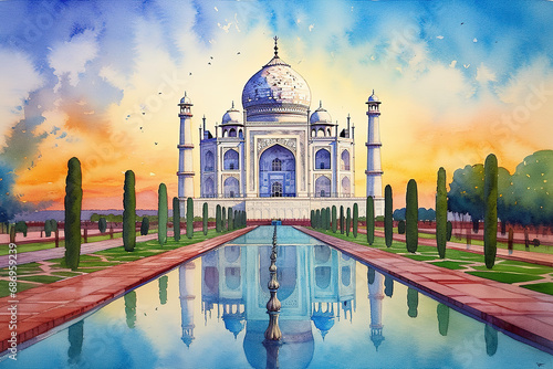 Taj Mahal in watercolor painting photo