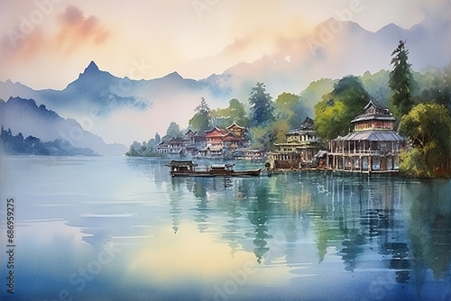 Sun Moon Lake Taiwan in watercolor painting