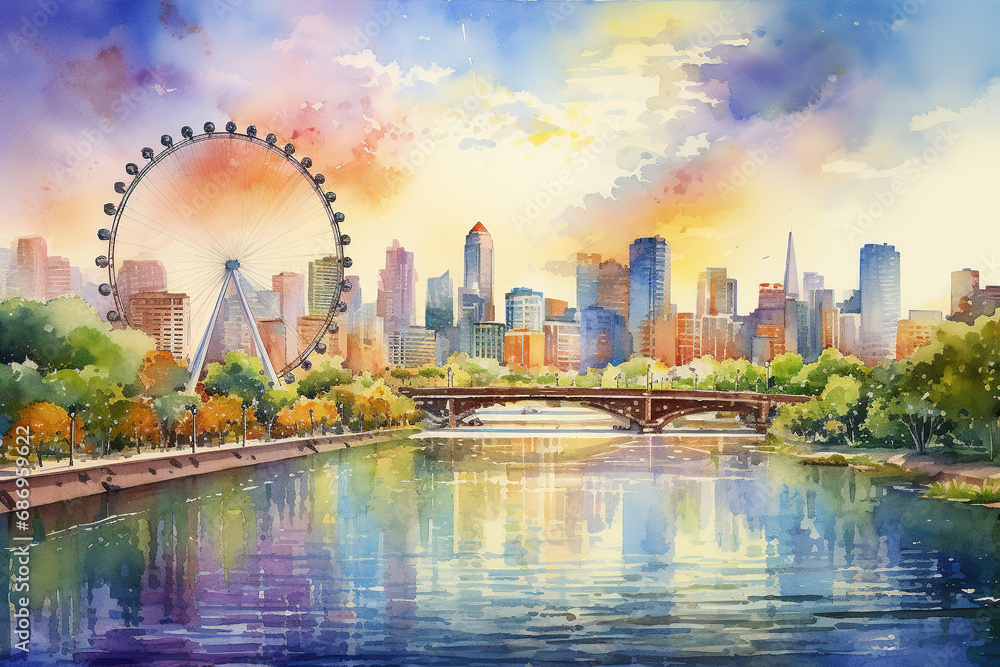 Fototapeta premium Singapore City in watercolor painting