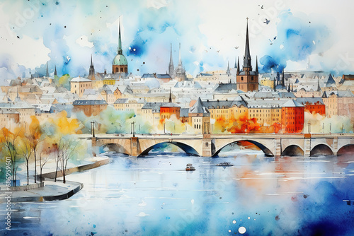Stockholm Sweden in watercolor painting
