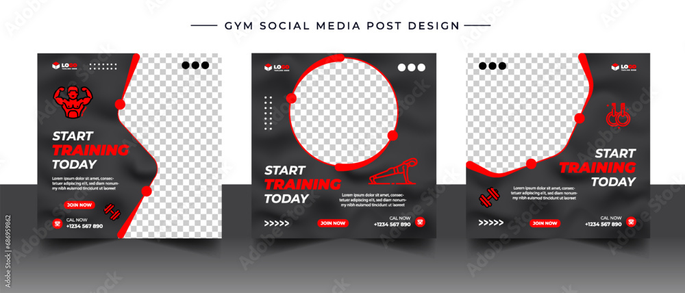 Gym, fitness, and sports social media post template design set. Usable for social media, banner, and website.	
 - obrazy, fototapety, plakaty 