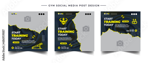 Gym, fitness, and sports social media post template design set. Usable for social media, banner, and website.	
