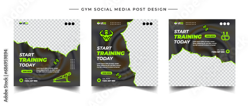Gym, fitness, and sports social media post template design set. Usable for social media, banner, and website.	

